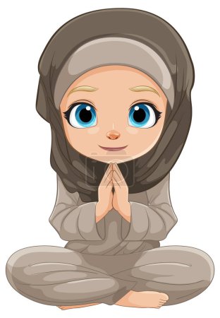 Dibujos animados de una joven rezando con una expresión serena.