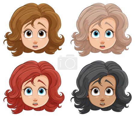 Téléchargez les illustrations : Illustrations vectorielles de femmes aux coiffures et expressions différentes. - en licence libre de droit