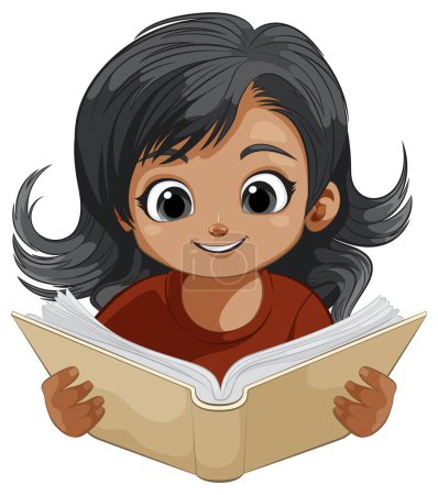 Téléchargez les illustrations : Fille animée lisant un livre avec intérêt - en licence libre de droit