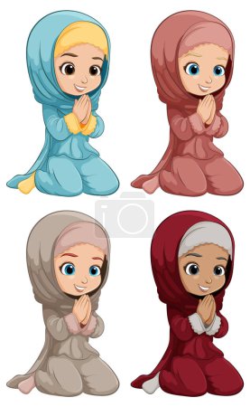 Four animated kids in hijabs praying peacefully