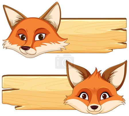 Illustration for Two cartoon foxes peeking over wooden signs. - Royalty Free Image