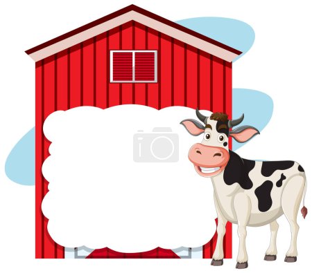 Téléchargez les illustrations : Cartoon vache debout à côté d'une grange avec espace pour le texte - en licence libre de droit