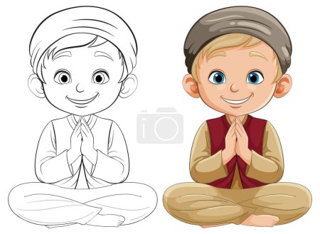 Illustration eines kleinen Jungen, der mit einem Lächeln betet