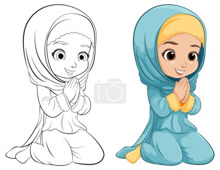 Vector of a girl praying, colored and outlined