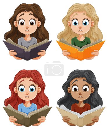 Téléchargez les illustrations : Quatre filles de dessin animé avec différentes couleurs de cheveux lecture. - en licence libre de droit