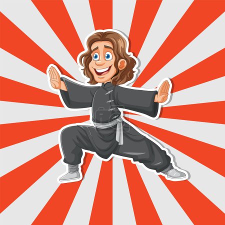 Cartoon martial artist performing with a smile.