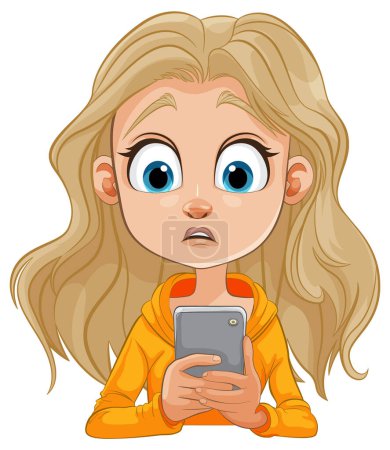 Illustration for Cartoon of a girl with wide eyes holding a phone - Royalty Free Image
