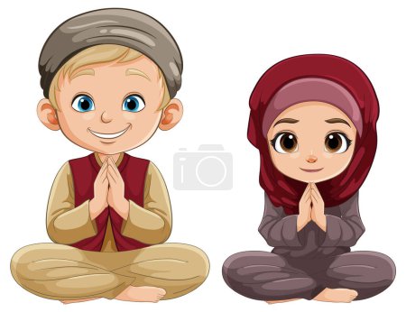 Illustration for Two cartoon kids in cultural clothing greeting respectfully - Royalty Free Image