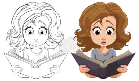 Illustration for Cartoon girl with wide eyes reading intently - Royalty Free Image