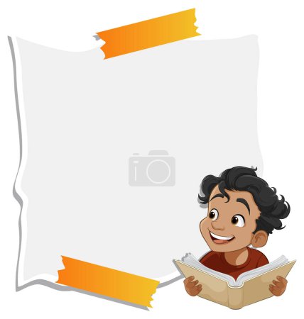 Ilustración de Cartoon boy sonriendo mientras lee un libro abierto - Imagen libre de derechos