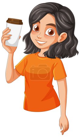 Vector illustration of a happy woman holding a coffee cup.