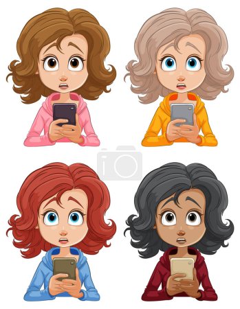 Ilustración de Cuatro mujeres de dibujos animados con teléfonos que muestran diferentes emociones. - Imagen libre de derechos