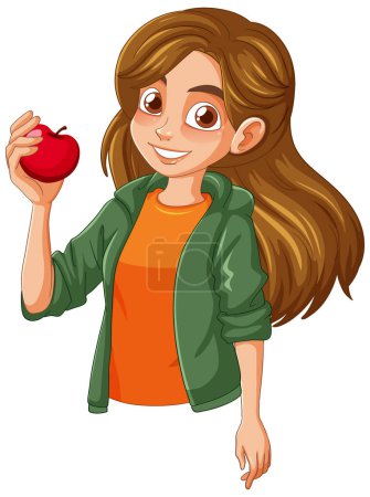 Ilustración vectorial de una niña sonriente con una manzana