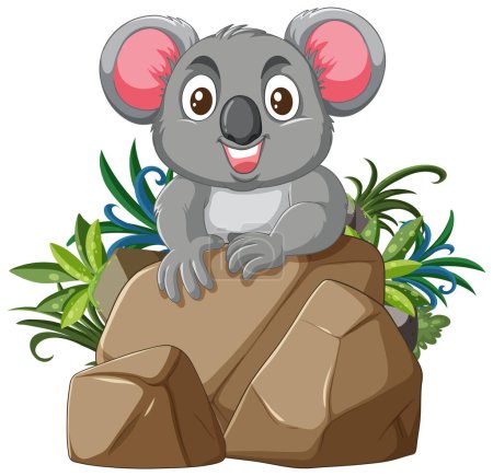 Ilustración de Adorable koala sentado en las rocas con vegetación - Imagen libre de derechos