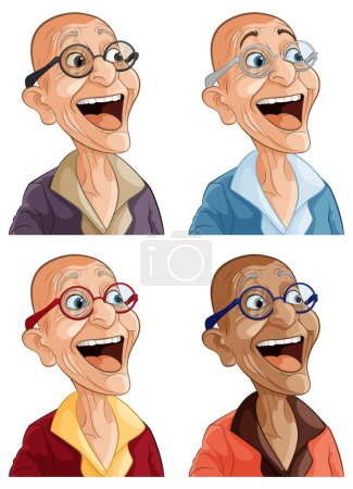 Cuatro ilustraciones de ancianos alegres
