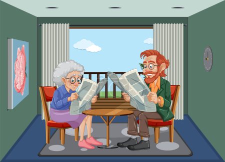 Téléchargez les illustrations : Couple de personnes âgées lisant des journaux dans un salon - en licence libre de droit