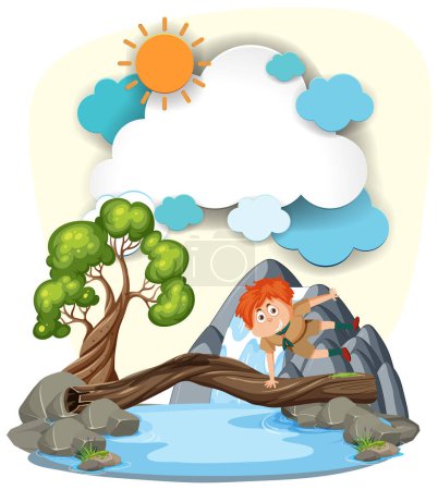 Ilustración de Cartoon boy cruzando un río en un árbol caído - Imagen libre de derechos