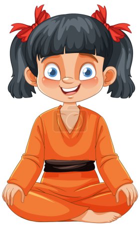 Cheerful young girl in orange outfit sitting peacefully.
