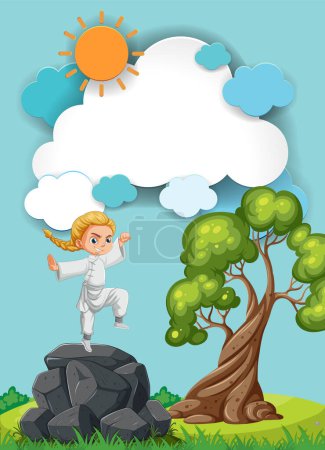 Ilustración de Niño animado en entrenamiento de karate al aire libre - Imagen libre de derechos