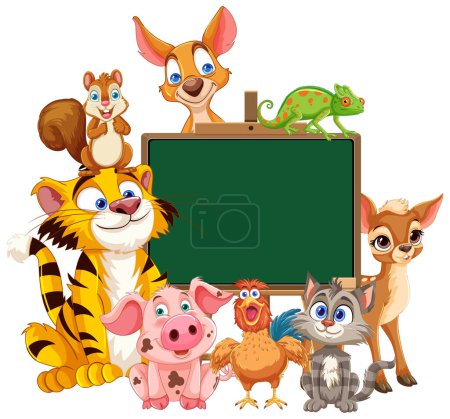 Cartoon animals grouped around a blank chalkboard.