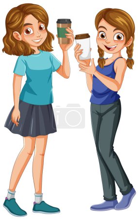 Illustration for Two cartoon women enjoying coffee together - Royalty Free Image