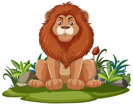 Téléchargez les illustrations : Lion dessin animé assis tranquillement parmi le feuillage vert. - en licence libre de droit