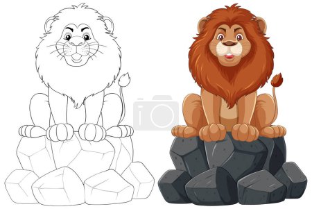Colorful and outlined lion illustrations side by side.