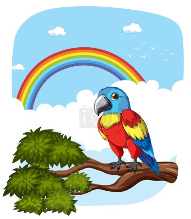 Lebendiger Papagei thront auf einem Ast, Regenbogenkulisse.