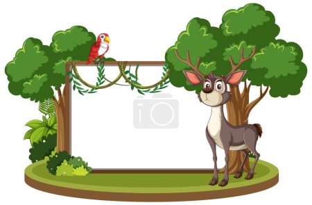 Deer and parrot in a lush green forest scene