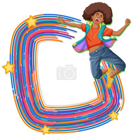 Animated character jumping with colorful abstract background