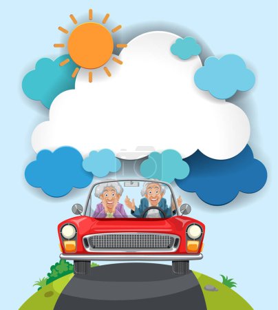 Ilustración de Pareja mayor disfrutando de un paseo en coche bajo el sol - Imagen libre de derechos