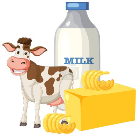 Téléchargez les illustrations : Illustration vectorielle de vache, bouteille de lait et fromage. - en licence libre de droit