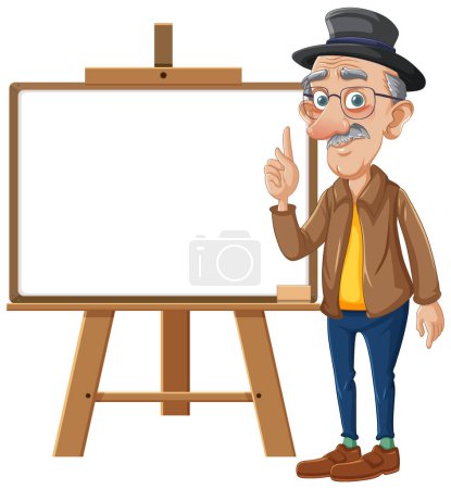 Ilustración de Dibujos animados del hombre mayor con caballete y tablero vacío - Imagen libre de derechos