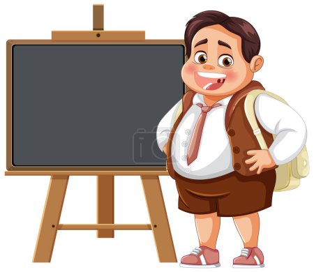 Cheerful cartoon student standing by a chalkboard
