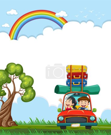 Ilustración de Familia de dibujos animados conduciendo bajo un arco iris en la naturaleza - Imagen libre de derechos