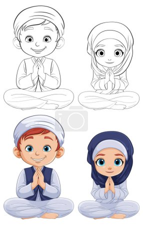 Illustration for Vector illustration of kids in cultural attire praying - Royalty Free Image