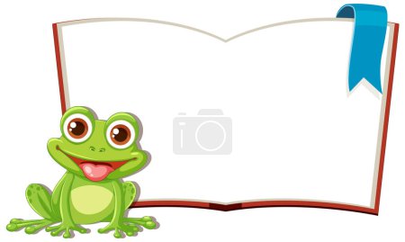 Cartoon frog sitting beside a blank open book