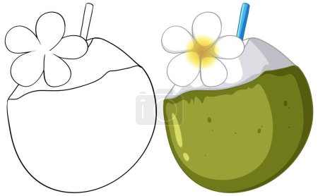 Téléchargez les illustrations : Graphique vectoriel d'une boisson à la noix de coco avec une fleur - en licence libre de droit
