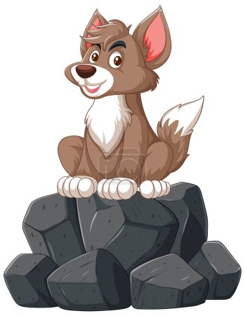 Téléchargez les illustrations : Illustration vectorielle d'un chien heureux sur des pierres - en licence libre de droit