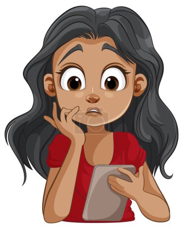 Téléchargez les illustrations : Caricature d'une fille réfléchie tenant un appareil mobile - en licence libre de droit