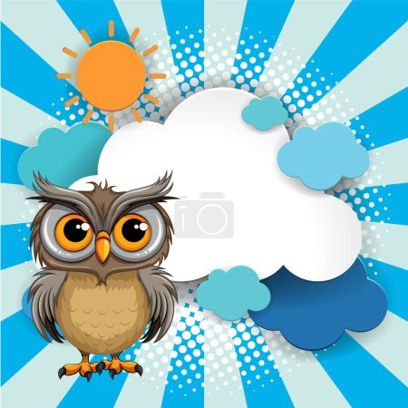 Illustration for Adorable cartoon owl on a vibrant comic backdrop - Royalty Free Image