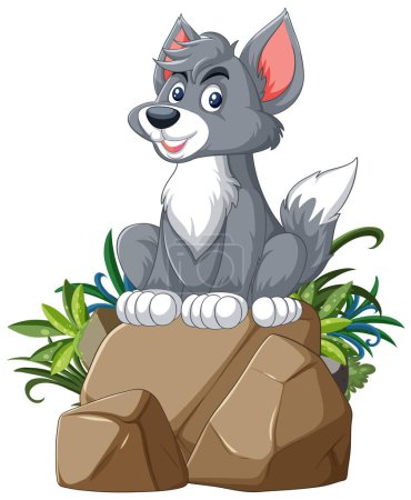 Téléchargez les illustrations : Illustration vectorielle d'un chien heureux assis sur des pierres. - en licence libre de droit