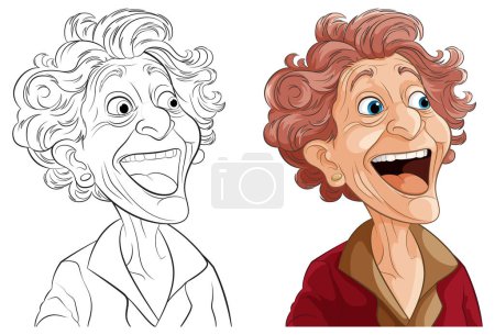 Téléchargez les illustrations : Art vectoriel d'une femme heureuse, âgée, colorée et esquissée. - en licence libre de droit