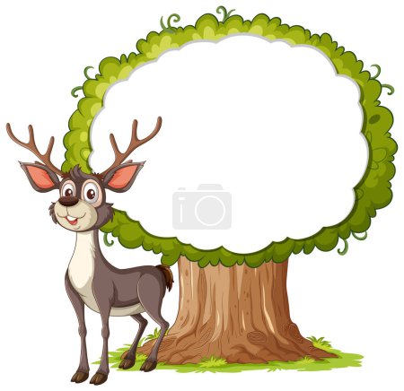 Illustration for Cartoon deer standing next to a tree with empty space - Royalty Free Image