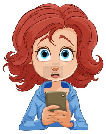 Dibujos animados de una chica con los ojos abiertos sosteniendo un teléfono