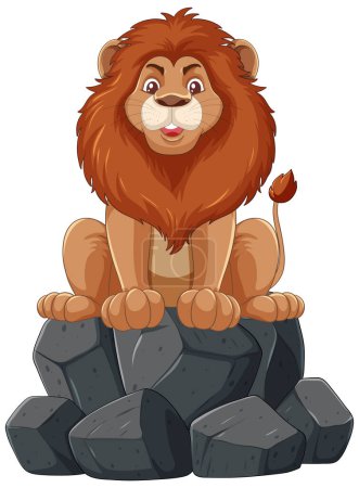 Téléchargez les illustrations : Dessin animé lion perché sur un tas de pierres - en licence libre de droit
