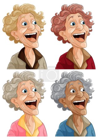 Quatre femmes âgées heureuses aux visages expressifs.