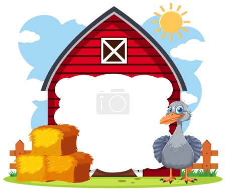 Cartoon dodo standing near a red barn