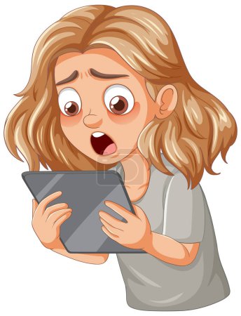Téléchargez les illustrations : Caricature d'une fille surprise en utilisant une tablette - en licence libre de droit