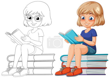 Téléchargez les illustrations : Vecteur coloré d'une fille lisant sur une pile de livres - en licence libre de droit
